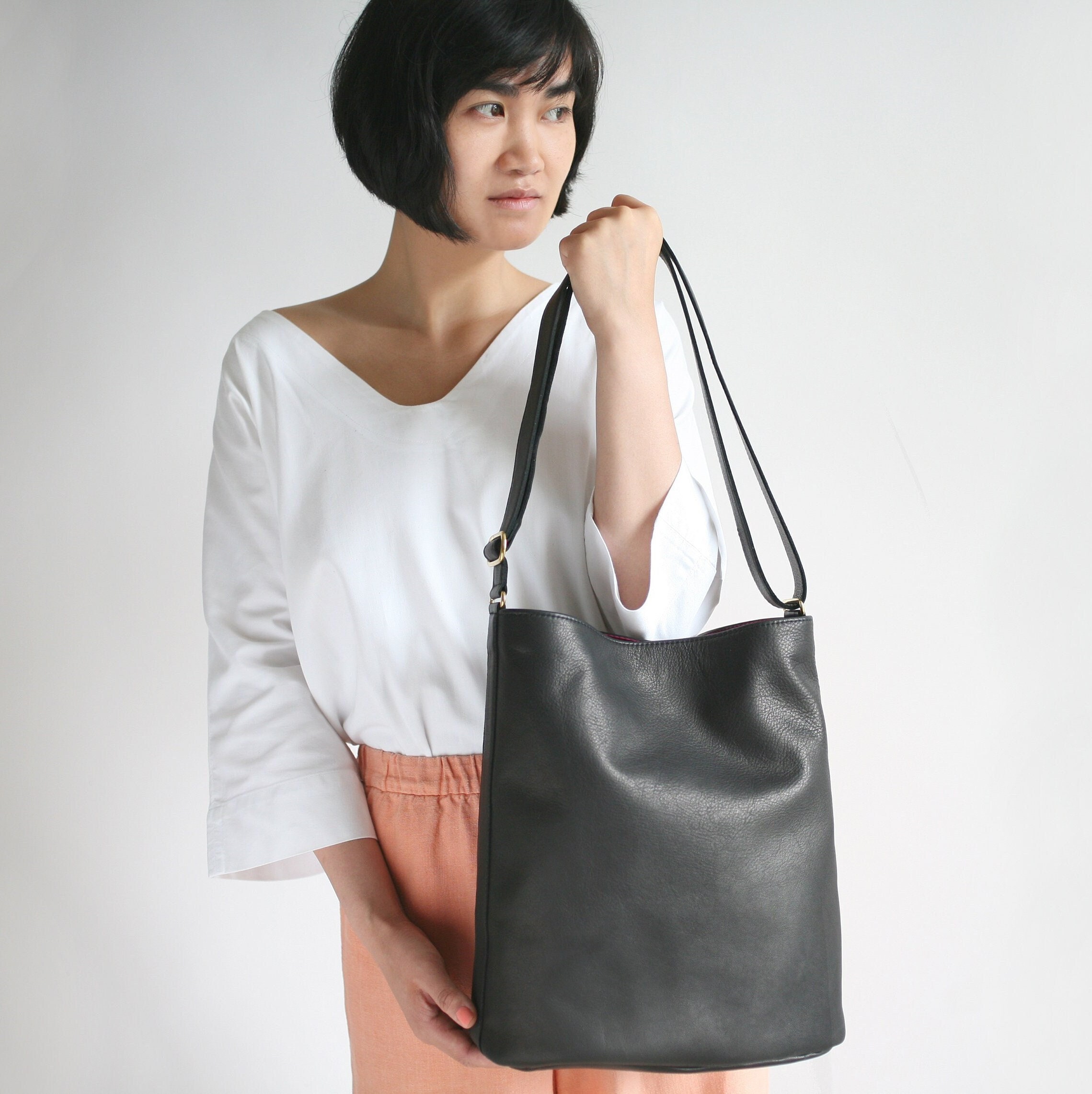 ショルダーバッグ・ポシェット Women's Canvas Bucket Bag SVDFHB702BK DORIS&JACKY Small Top Handle Bucket Bag, Designer Lambskin