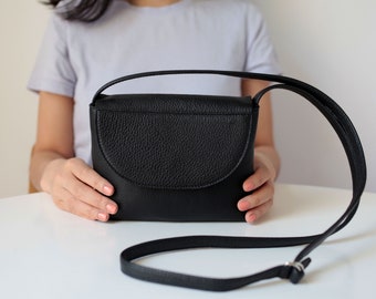 Minimalistic Crossbody Bag Black Leather, small satchel bag, handbag, leather purse, 13 colors available