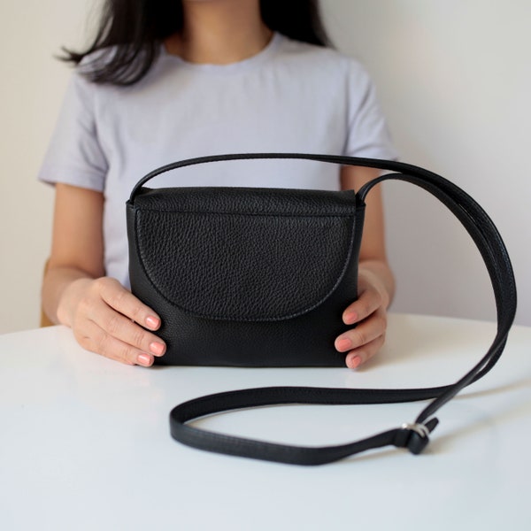 Minimalistic Crossbody Bag Black Leather, small satchel bag, handbag, leather purse, 13 colors available