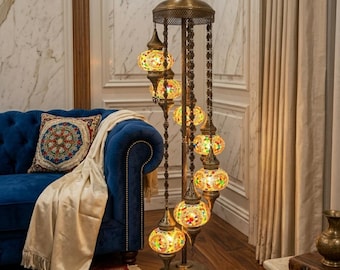 Lámpara de pie de mosaico turco extragrande - Diseño en espiral de 7 globos - Lámpara de pie artesanal de estilo otomano para una decoración de lujo del hogar - Se envía desde