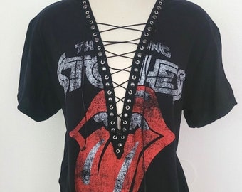 Rolling Stones Lace Up T-Shirt Top - Distressed Logo - vintage rock band concert band tee, grunge, distressed