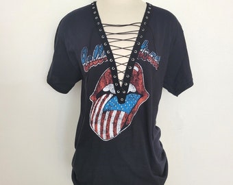 Rolling Stones Lace Up T-Shirt Top - Distressed Logo - vintage rock band concert band tee, grunge, distressed