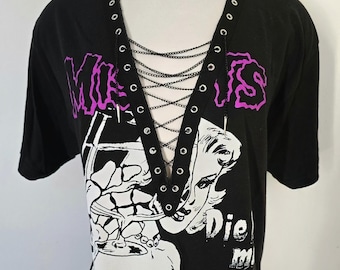 Misfits Black Chain Lace Up Band T Shirt Top - punk rock, grunge, distressed concert tee