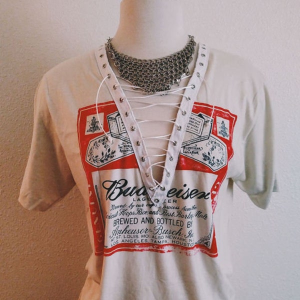 Budweiser Beer Lace Up T-shirt Top – Vintage Inspired Distressed 70s Women’s Graphic T-Shirt