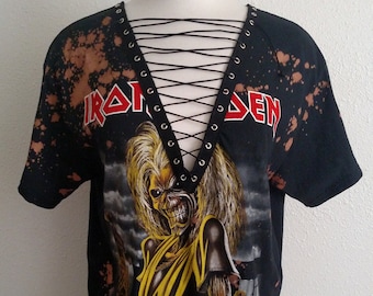 Iron Maiden Lace Up T-Shirt Top - Rock Metal Band, distressed, grunge concert tee