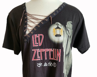 Led Zeppelin T-Shirt Lace Up with Chain - Asymmetrical - Rock Band Concert T-Shirt - Grunge