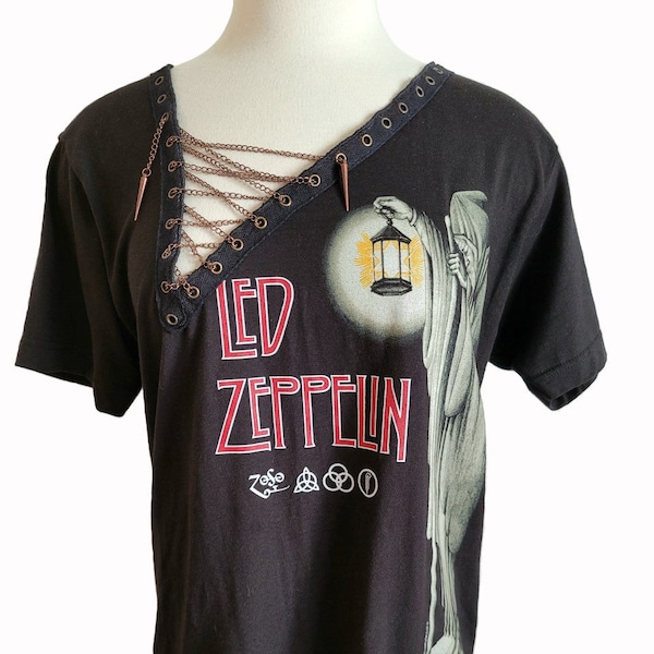 Led Zeppelin T-Shirt Lace Up with Chain - Asymmetrical - Rock Band Concert T-Shirt - Grunge