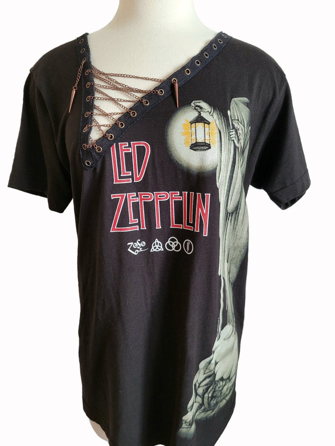 Led Zeppelin T-shirt Lace up With Chain - Asymmetrical Led Zeppelin T-shirt Lace up With Chain - Asymmetrical