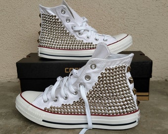 Studded Converse Shoes, White High Top w/ Silver Studded Converse Chuck Taylor All Star Shoes * 2 sides studded*