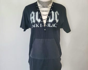 ACDC Lace Up T-Shirt - MEDIUM - Back in Black -Lace Up Rock Metal Band Shirt - distressed, grunge, concert t-shirt