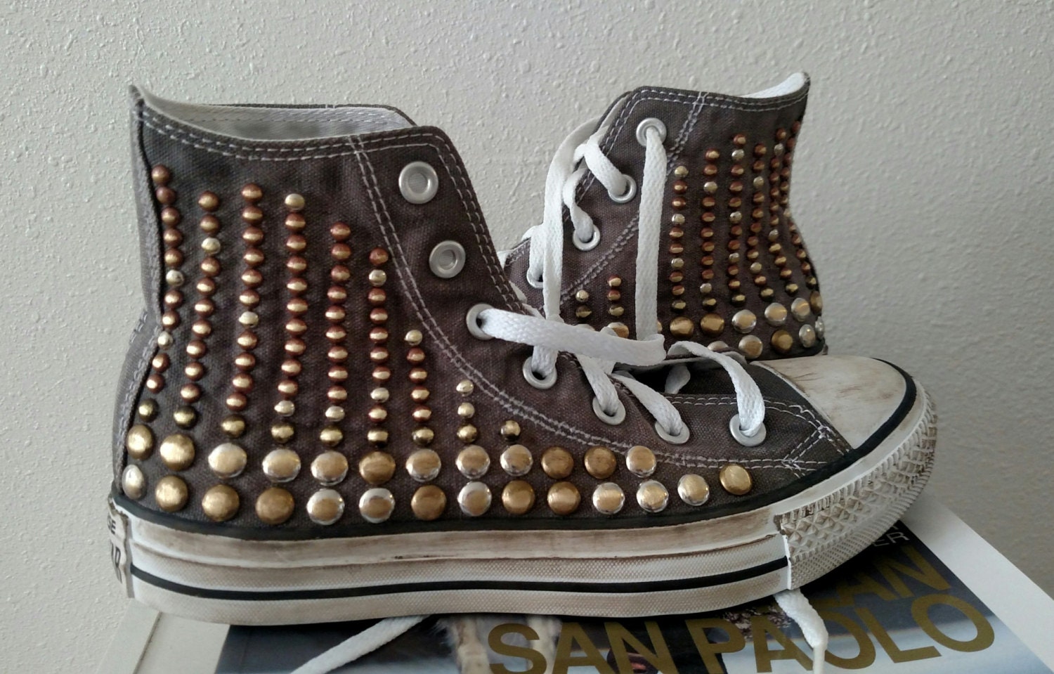 Studded Converse Shoes, Hand Distressed Vintage High Top Studded Shoes 2  Sides Studded - Etsy