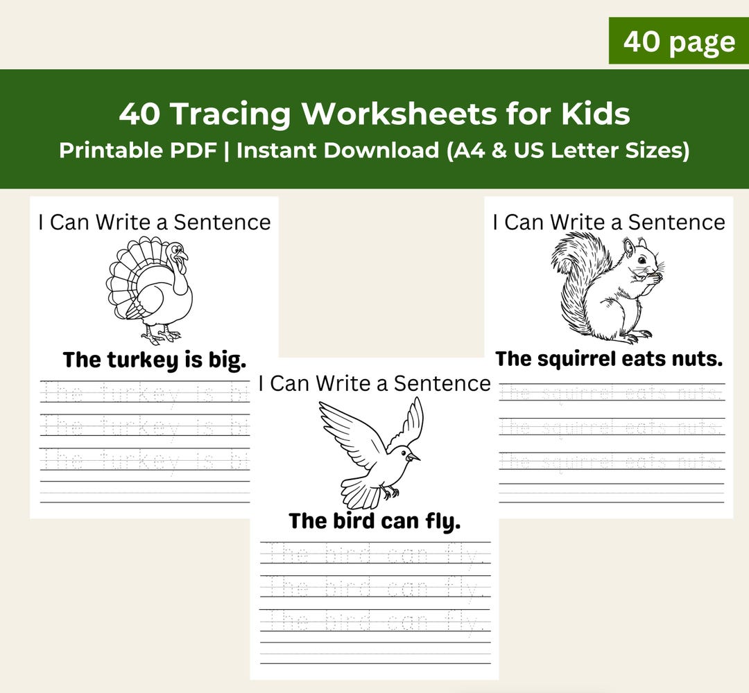 Sentence Tracing Worksheets: 40 Pages, Kids Writing Practice (printable ...