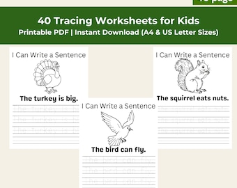 Werkbladen voor het overtrekken van zinnen: 40 pagina's, schrijfoefening voor kinderen (afdrukbare pdf)
