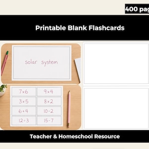 May include: A set of printable blank flashcards featuring 400 pages. The cards are white with thin black borders. Examples show handwritten text reading solar system and various math equations like 7x6, 9x4, 3x5, 8x2, 6+4, 10-2, 12÷3, and 15-7.