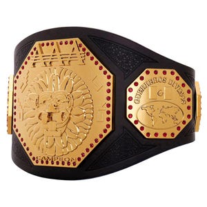 May include: A black championship belt featuring a large gold center plate with a lion head relief, the text AAA and CAMPEON, and red gemstone accents. A side plate displays the text GUERREROS DIVINOS, a small Mexican flag, and a world map graphic.