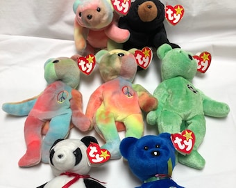 Lot of 7 TY Beanie Babies Bears: (2) Peace, Blackie, Sammy, Clubby, Fortune & Kicks