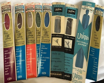 9 Vintage Zippers - New Still in Packages 1 Unique Invisable Zipper, 2 Dress Talon & 6 JP Coats