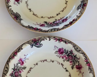 Set of 2 Grase China Made in Occupied Japan CORSAGE Pattern Pink Floral With Gray Leaves and Gold Rims