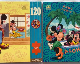 Mickey’s World Tour 2 Puzzles ‘Micki Kuchi’ & 'Hang Loose' NEW in Box 120 Piece Puzzle By Golden - Western Publishing Company