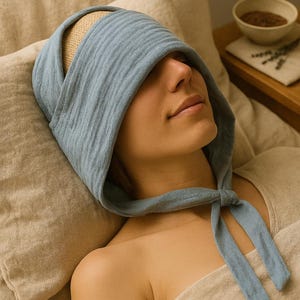 Könnte beinhalten: Eine hellblaue, beschwerte Schlafhaube mit Kordelverschluss. Die Haube besteht aus einem weichen, strukturierten Stoff und bedeckt die Augen und den Kopf. Der Text "WEIGHTED SLEEP HOOD - A MODERN RITUAL" steht unten.