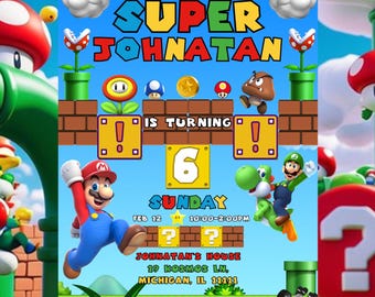 Super Mario Birthday Invitation | Editable Canva Template | Printable Digital Download | Mario Party Invite for Kids Boys Girls | Colorful