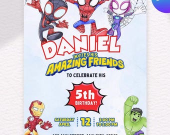 Editable Watercolor Spidey and his Amazing Friends Birthday Party Invitation | Superhero Birthday Invite Canva Template | Instant Download