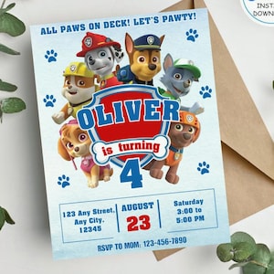 May include: A rectangular birthday invitation card featuring Paw Patrol characters and the text ALL PAWS ON DECK! LET'S PAWTY! OLIVER is turning 4. The card includes event details for August 23, Saturday, 3:00 to 5:00 PM, and an RSVP phone number.