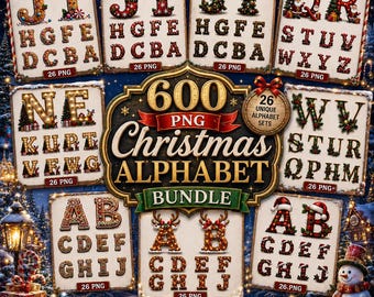 Christmas Alphabet PNG Mega Bundle, Festive Christmas Letters Clipart,Sublimation Font, Kids Holiday Alphabet, A-Z Letters, Digital Download