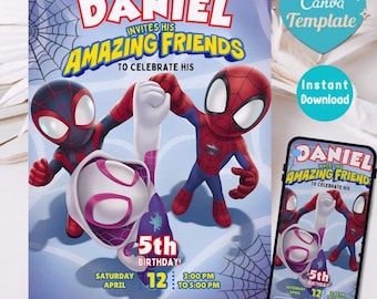 Editable Watercolor Spidey and his Amazing Friends Birthday Party Invitation | Superhero Birthday Invite Canva Template | Instant Download