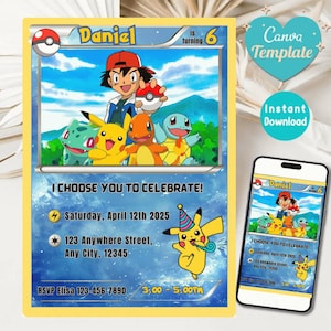 Könnte beinhalten: Eine Geburtstagseinladung im Pokémon-Stil mit dem Namen "Daniel" und dem Alter "6". Das Design zeigt Zeichentrickfiguren und den Text "I CHOOSE YOU TO CELEBRATE!" mit Veranstaltungsdetails. Ein Smartphone zeigt das gleiche Design.