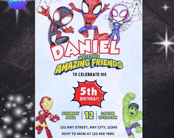 Editable Watercolor Spidey and his Amazing Friends Birthday Party Invitation | Superhero Birthday Invite Canva Template | Instant Download