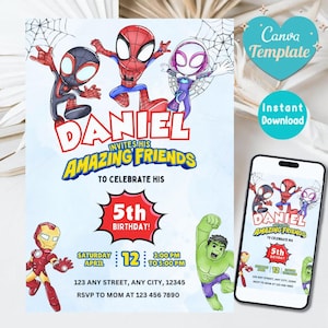 May include: A digital invitation template featuring superhero characters. The invitation includes the name "DANIEL" and the phrase "Invites His Amazing Friends." It also displays the date, time, and location for a 5th birthday celebration. A smartphone shows the invitation.