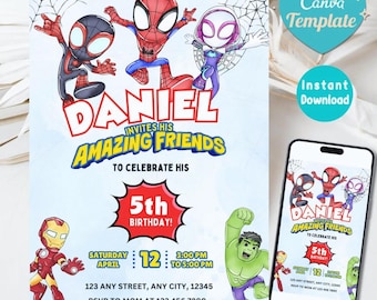 Editable Watercolor Spidey and his Amazing Friends Birthday Party Invitation | Superhero Birthday Invite Canva Template | Instant Download