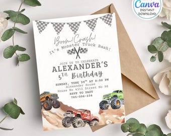 Monster Truck Birthday Invitation - Boom Crash - Canva Template - Boys Birthday Invite - Monster Truck Party - Watercolor Trucks Theme