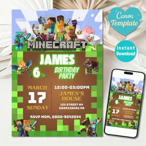May include: A Minecraft-themed birthday party invitation featuring pixelated characters and the game's logo. The invitation includes the name "James", the date, time, and location. A smartphone displays the same design. The words "Canva Template" and "Instant Download" are also visible.