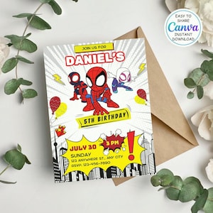 Bewerkbare aquarel uitnodiging voor verjaardagsfeestje Spidey en zijn geweldige vrienden | Canva-sjabloon voor superheldverjaardagsuitnodiging | Direct downloaden