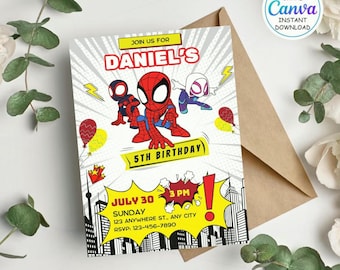 Invitación editable para fiesta de cumpleaños de Spidey y sus increíbles amigos en acuarela / Plantilla Canva para invitación de cumpleaños de superhéroes / Descarga instantánea