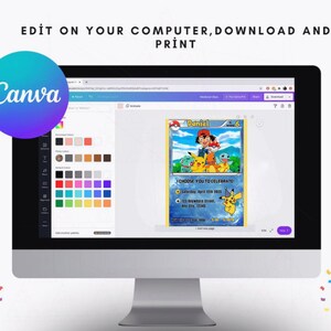 May include: A computer monitor displays a Canva design interface with a custom invitation. The invitation features a Pokemon theme with the text "I CHOOSE YOU TO CELEBRATE." The design includes illustrations of Pikachu and other characters, with the name "Daniel" at the top.