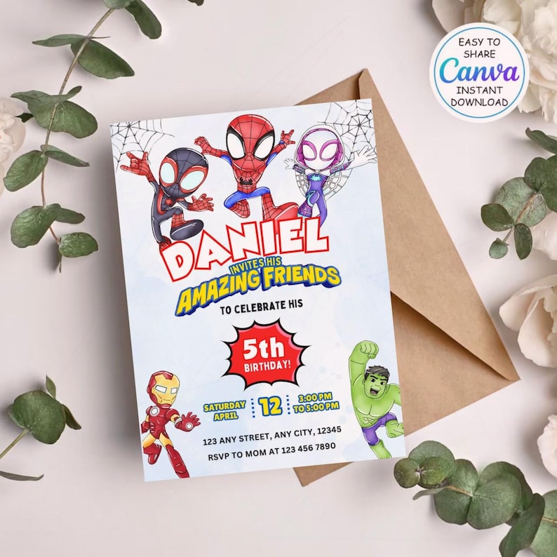 May include: A white birthday invitation featuring Spider-Man characters. The invitation reads "Daniel invites his Amazing Friends to celebrate his 5th Birthday!" with event details. Includes a Canva instant download logo.