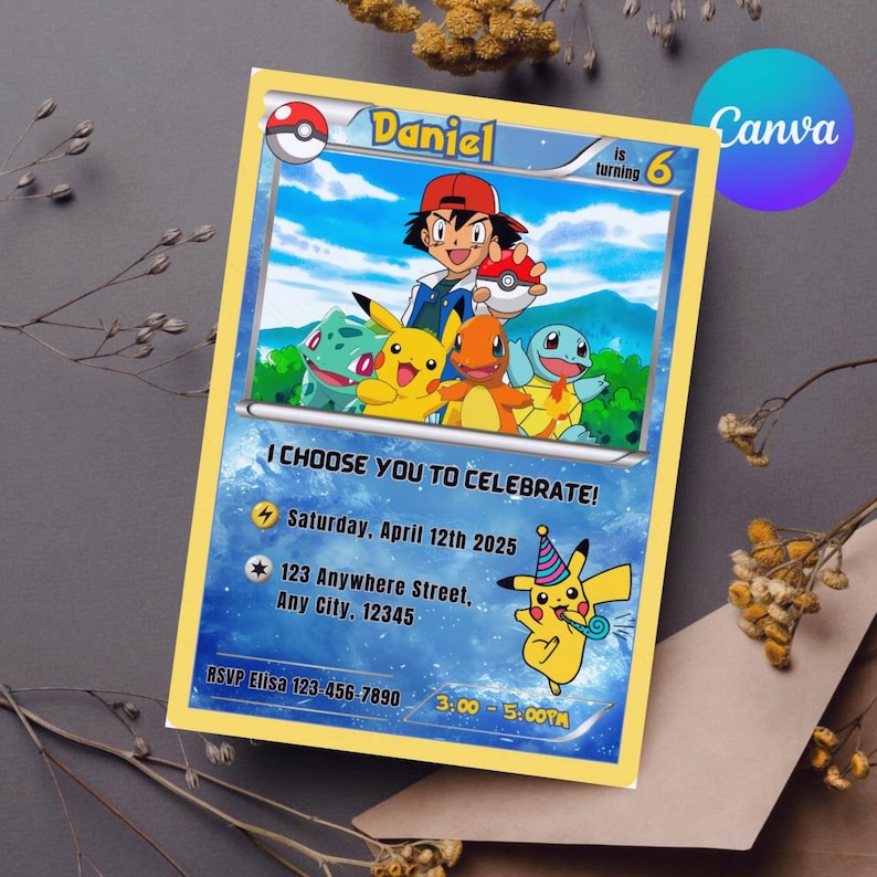 May include: A yellow invitation card featuring a cartoon illustration of a boy and several animated characters. The card reads "I Choose You to Celebrate!" with event details, including the date, time, and location. The name "Daniel" is at the top.