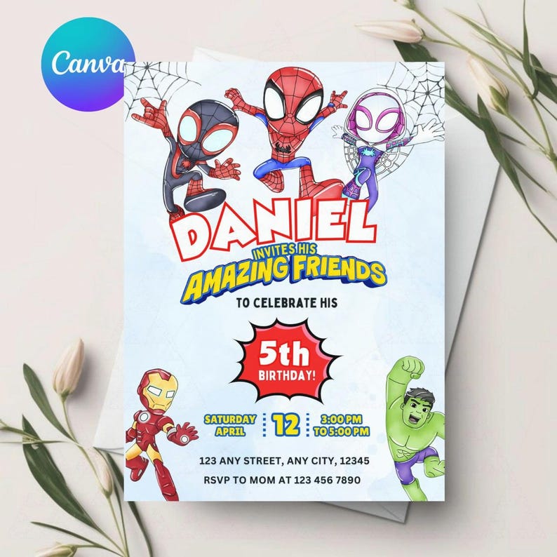 May include: A colorful birthday invitation featuring superhero characters. The invitation includes the name "Daniel", the words "Amazing Friends", and details for a 5th birthday celebration. The date and time are also included.