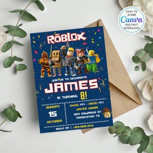 Roblox Invitation, Roblox Invite, Game Party, Roblox Boys Birthday Invitation Template, Game Birthday, Kids Roblox, Editable Template, Canva