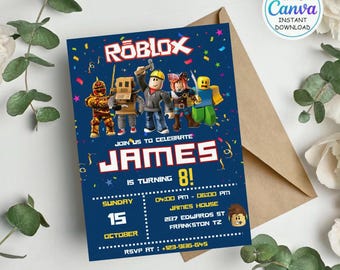Roblox uitnodiging, roblox uitnodigen, game party, roblox jongens verjaardagsuitnodiging sjabloon, game verjaardag, kinder roblox, bewerkbare sjabloon, canva