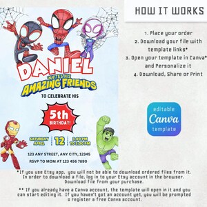 May include: A colorful birthday invitation featuring cartoon superheroes, including Spider-Man, Iron Man, and Hulk. The invitation is for a 5th birthday and includes the text "Daniel Invites His Amazing Friends". The design includes editable Canva template information.