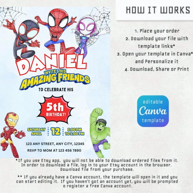 May include: A colorful birthday invitation featuring cartoon superheroes, including Spider-Man, Iron Man, and Hulk. The invitation is for a 5th birthday and includes the text "Daniel Invites His Amazing Friends". The design includes editable Canva template information.