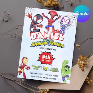 May include: A colorful birthday invitation featuring cartoon superheroes. The invitation reads "Daniel invites his amazing friends to celebrate his 5th birthday!" with event details. The design includes Spider-Man, Iron Man, and Hulk.