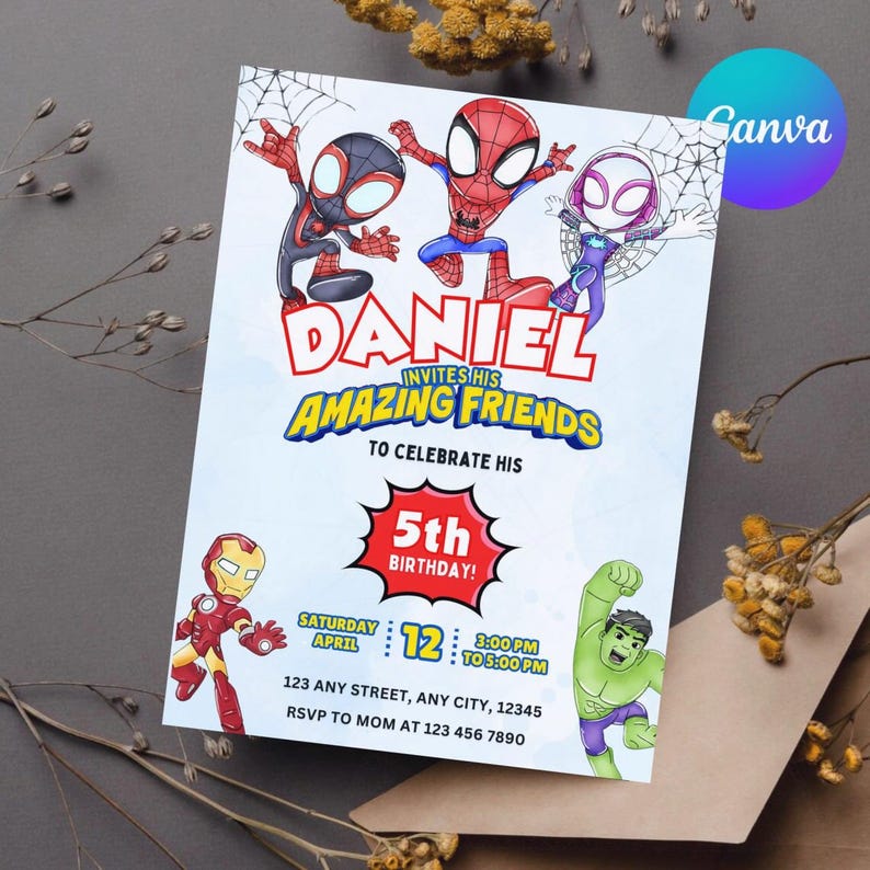 May include: A colorful birthday invitation featuring cartoon superheroes. The invitation reads "Daniel invites his amazing friends to celebrate his 5th birthday!" with event details. The design includes Spider-Man, Iron Man, and Hulk.