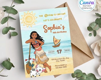 Invitación de cumpleaños de Moana / Invitación digital editable de Ocean Girl para niñas / Plantilla personalizada de Canva para fiesta de Moana / Tarjeta de descarga instantánea