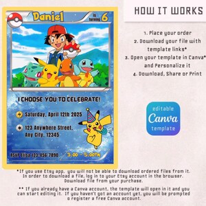 May include: A custom birthday invitation featuring a cartoon design with the text "Daniel is turning 6". The invitation includes the phrase "I Choose You To Celebrate!" and event details: date, time, and location. A Canva template is available.