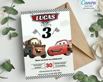 May include: A birthday invitation featuring the Cars movie characters Mater and Lightning McQueen. The invitation is for Lucas's 3rd birthday, with the date August 30th. The design includes checkered flags and the text "Race on over to celebrate!"